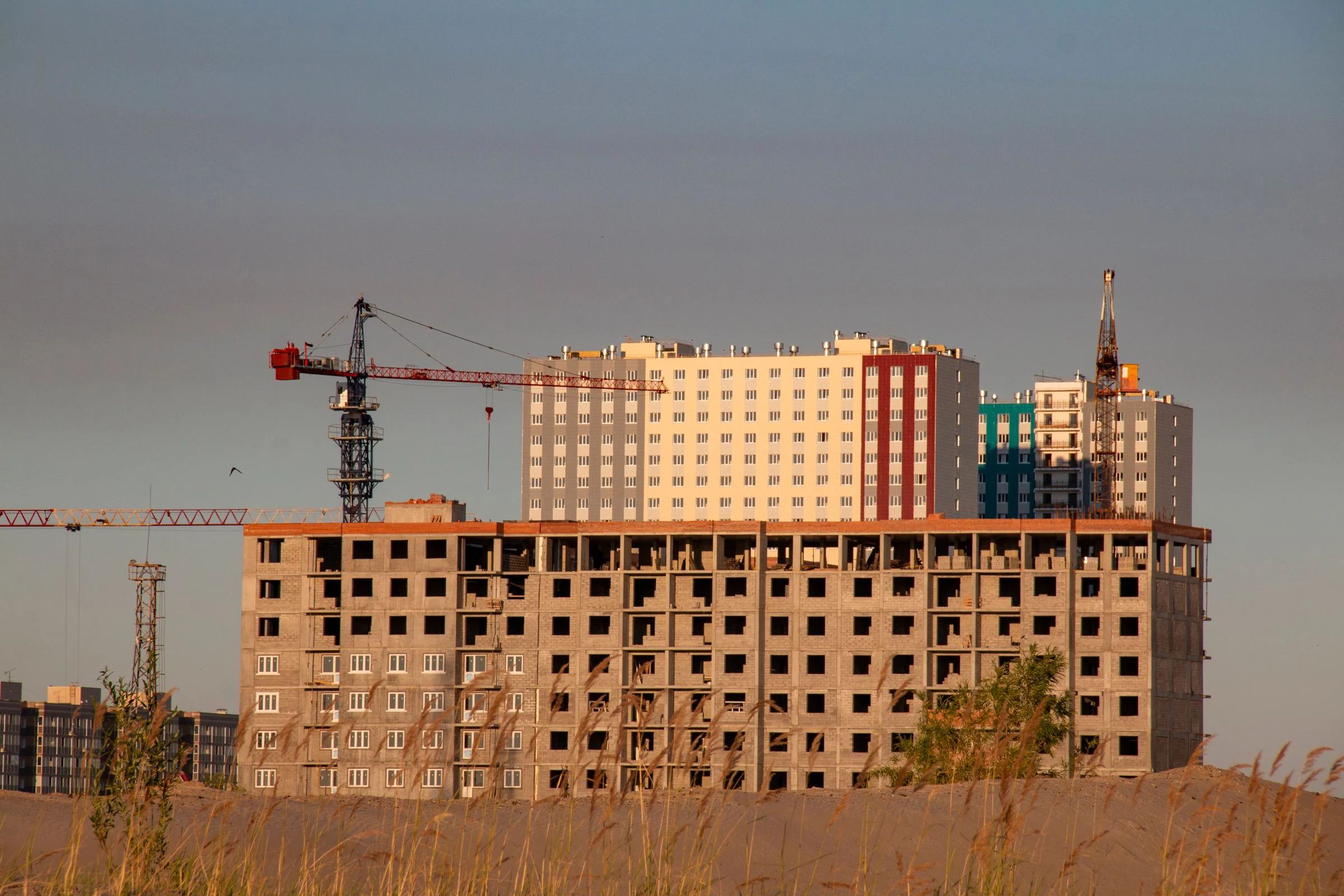Tower cranes above a multi-storey building under construction